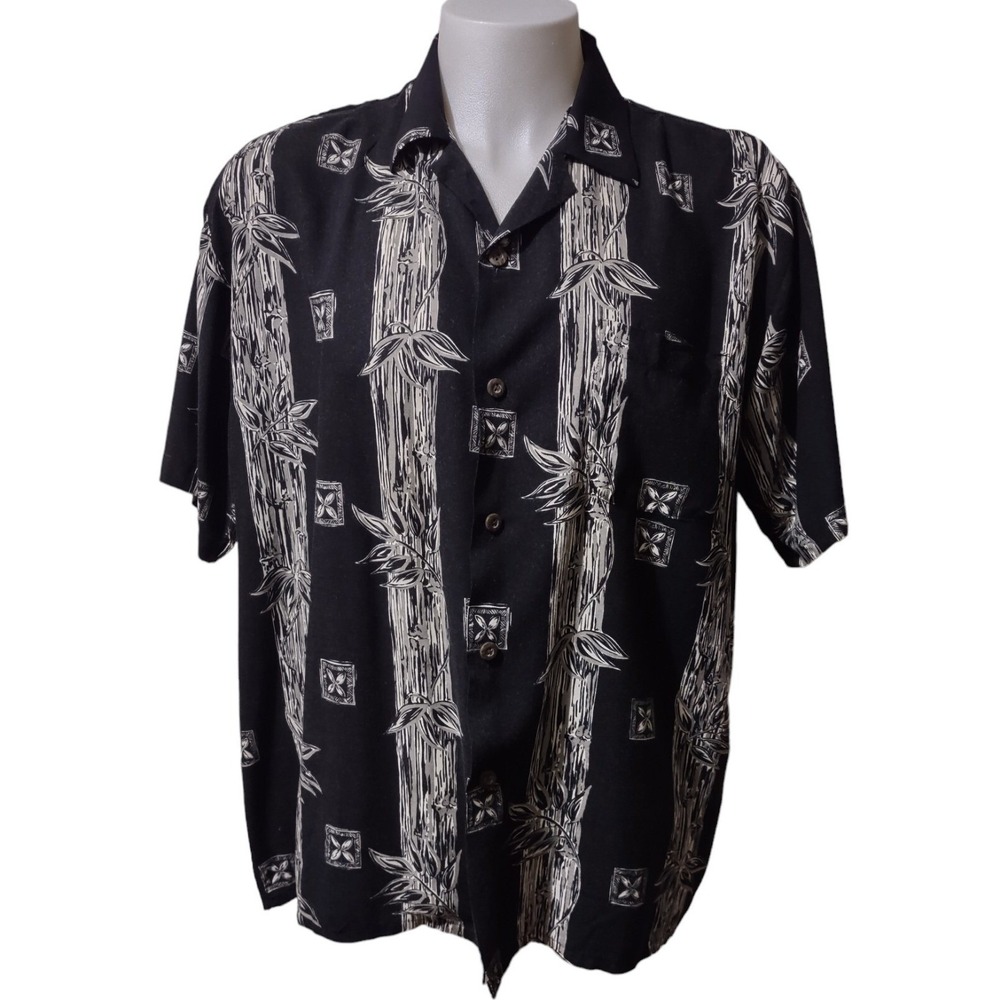 Hawaiian Shirt Ocean Current Black White Rayon Large Bamboo Vintage Grunge Y2K L